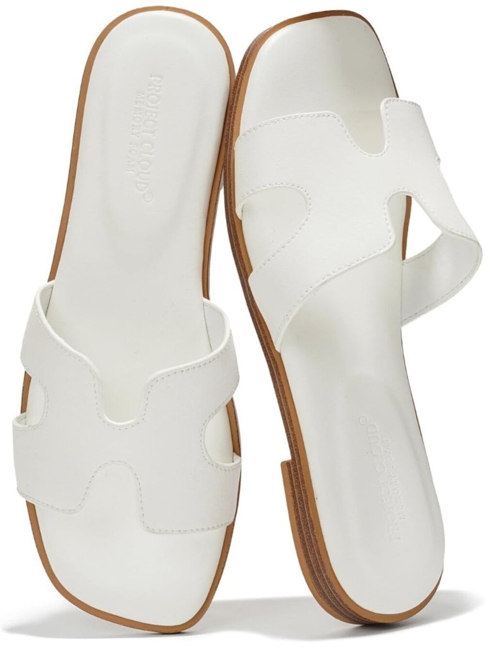 Women's White Genuine Leather Sandals Flat Slides Mules Memory Foam Footwear